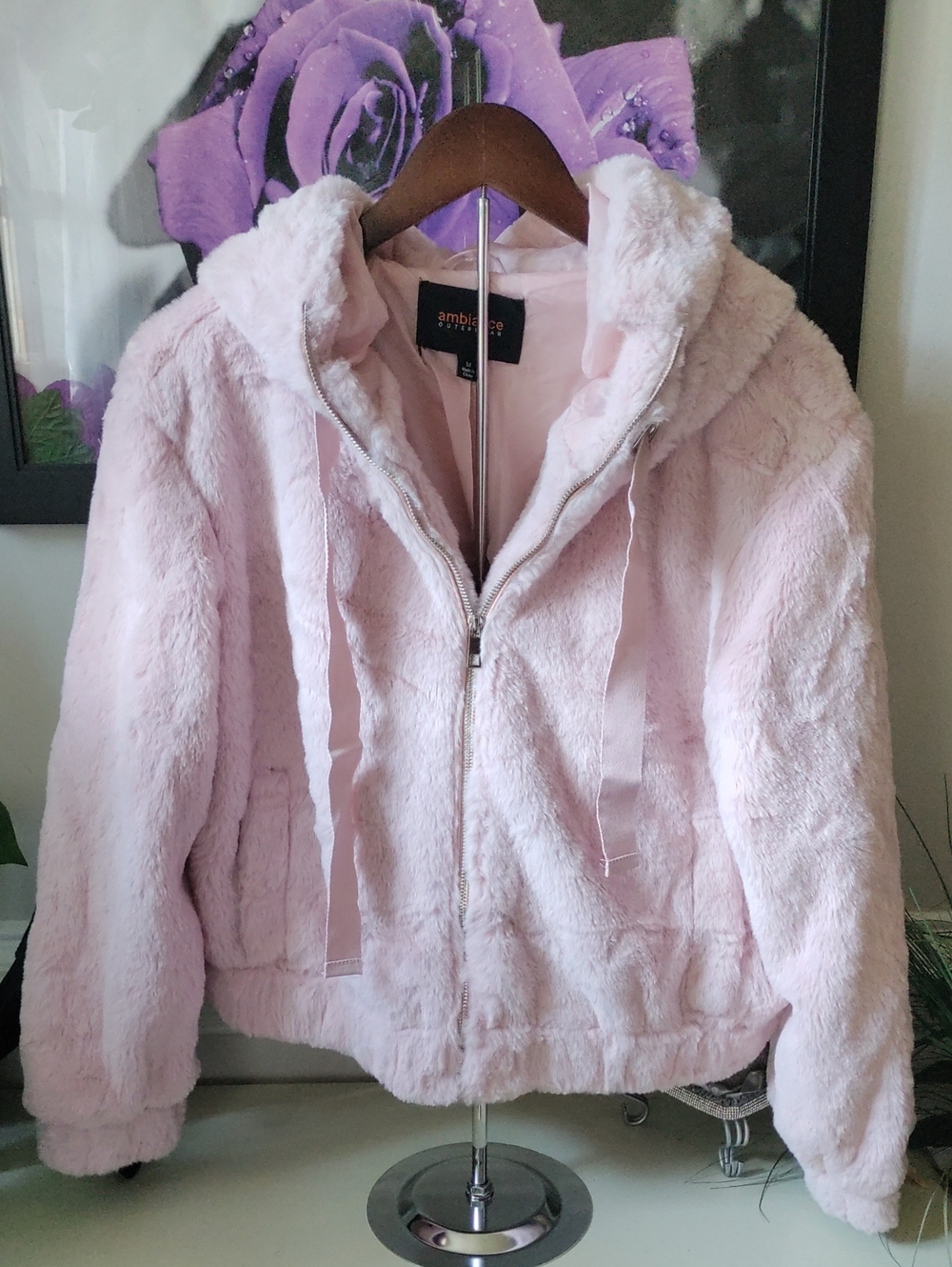 NWOT Ambiance Outerwear Blush Pink Faux Fur Hooded Jacket-Women's Size M